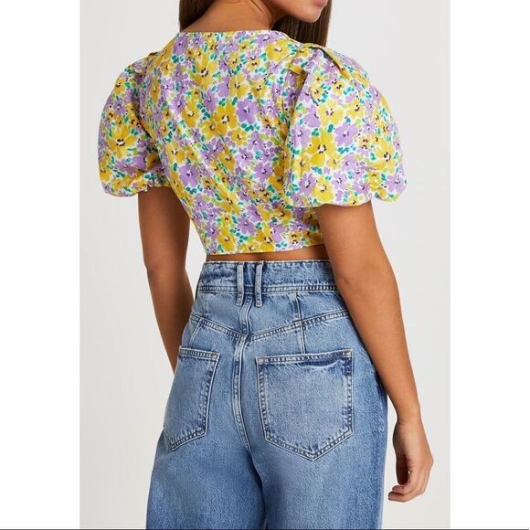 River Island Floral Print Puff Sleeve Crop Top, Yellow/Purple, Small/Size 4, NWT - Picture 2 of 15